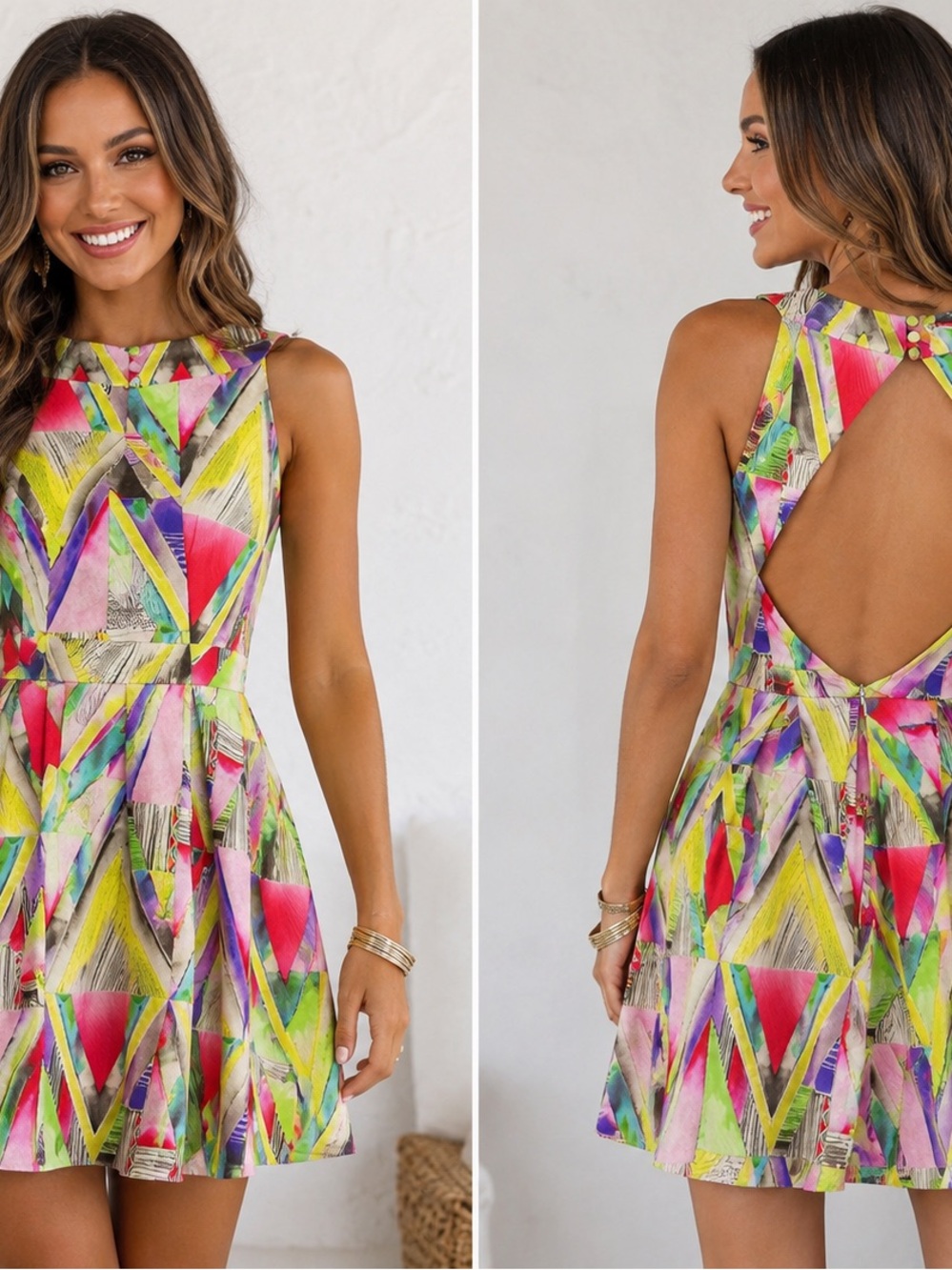 Mustard Seed Multicolor Geometric Open-Back Mini Dress